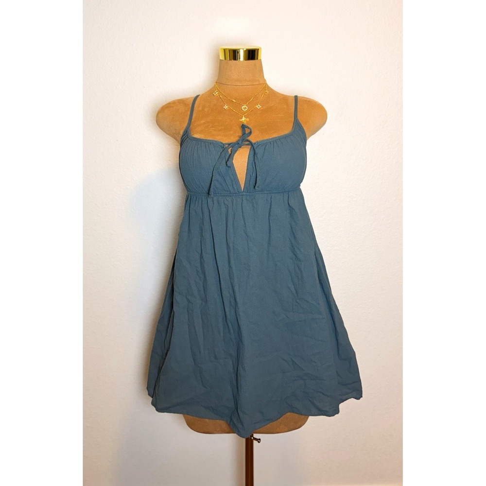 Womens Blue Square Neck Spaghetti Strap Tie Accent Pullover Mini Dress S